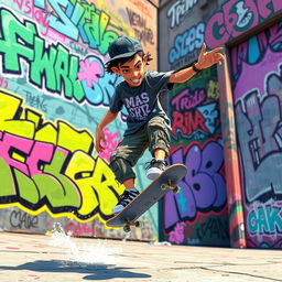 A vibrant and dynamic scene depicting a cartoon-realistic skater performing an impressive trick on a skateboard, surrounded by colorful graffiti art