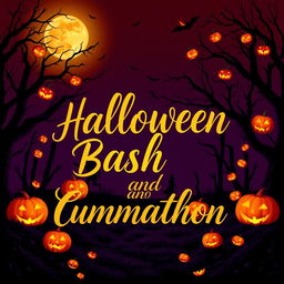 A lively Halloween-themed background featuring the phrase 'Halloween Bash and Cummathon' elegantly scripted in gold writing