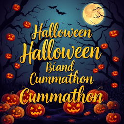 A lively Halloween-themed background featuring the phrase 'Halloween Bash and Cummathon' elegantly scripted in gold writing