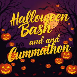 A lively Halloween-themed background featuring the phrase 'Halloween Bash and Cummathon' elegantly scripted in gold writing