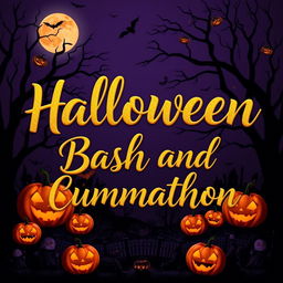 A lively Halloween-themed background featuring the phrase 'Halloween Bash and Cummathon' elegantly scripted in gold writing