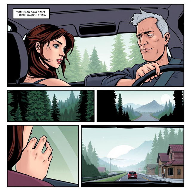 A comic book layout designed for an A4 page, divided into six panels that illustrate the beginning of a Twilight-inspired story without any text