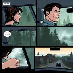 A comic book layout designed for an A4 page, divided into six panels that illustrate the beginning of a Twilight-inspired story without any text