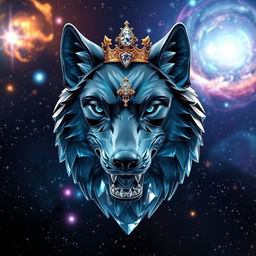 A realistic 3D crystal wolf head with intricate details and a stunning gold and diamond crown