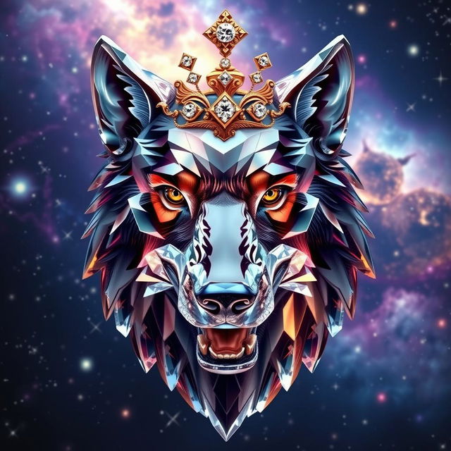 A realistic 3D crystal wolf head with intricate details and a stunning gold and diamond crown