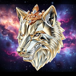 A realistic 3D crystal wolf head with intricate details and a stunning gold and diamond crown