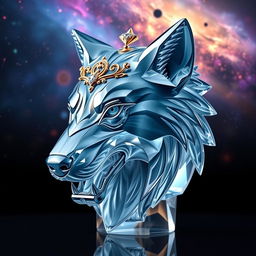 A realistic 3D crystal wolf head with intricate details and a stunning gold and diamond crown