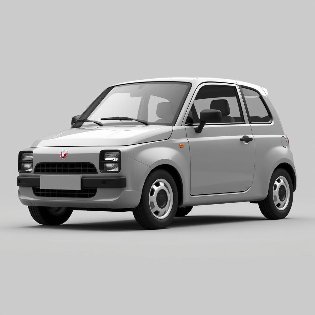 A compact three-door hatchback car designed in 3D render, with high definition quality