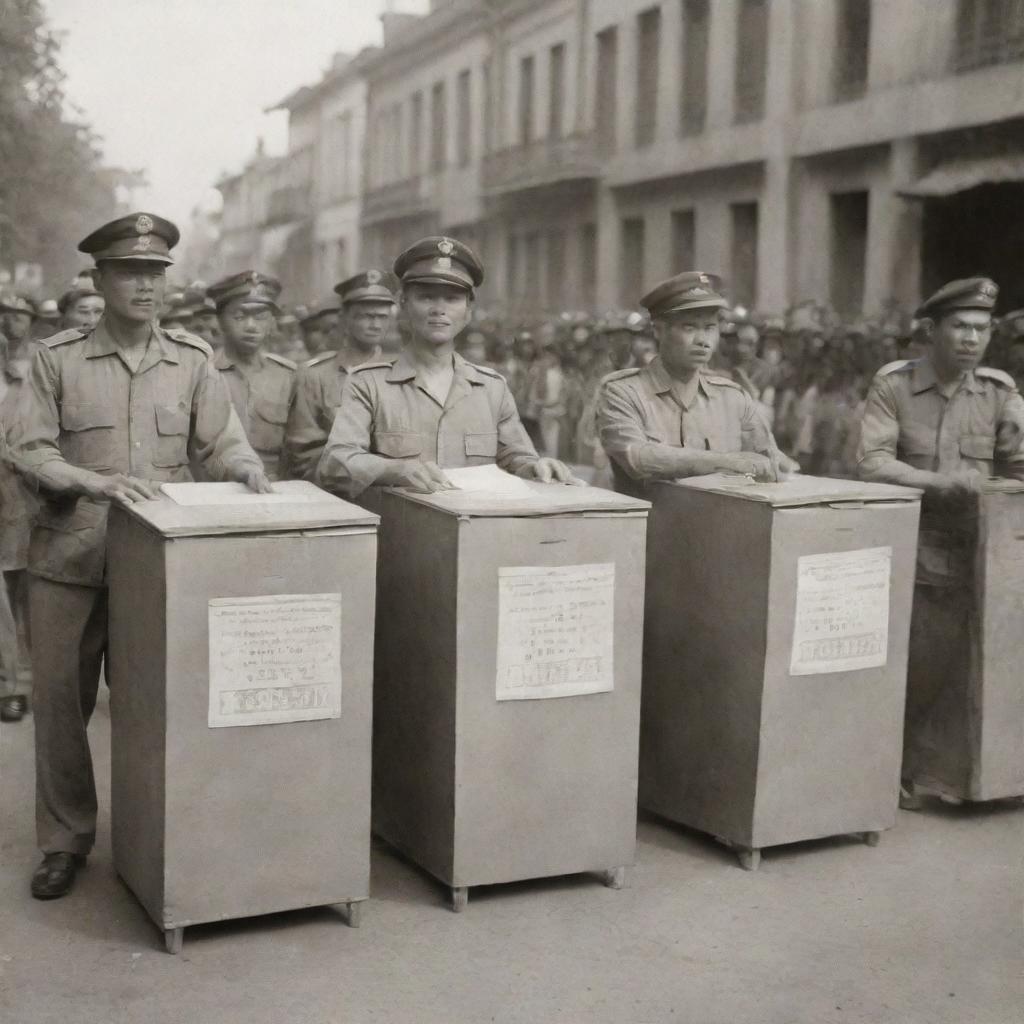 Viet Minh activists using ballot boxes as a symbol of resistance against French colonial forces in a historic, sepia-toned scene.