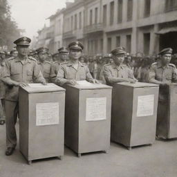 Viet Minh activists using ballot boxes as a symbol of resistance against French colonial forces in a historic, sepia-toned scene.