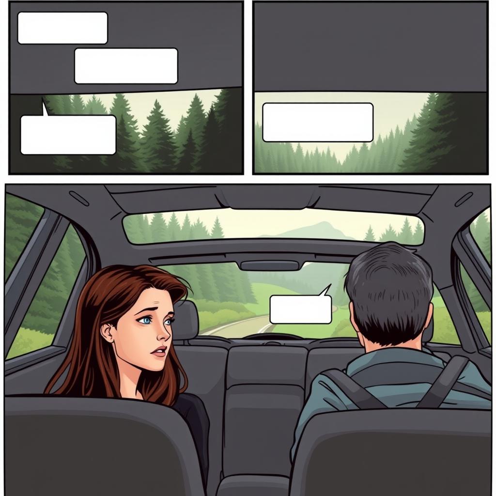 A comic strip consisting of 6 panels laid out to fill an entire A4 page, depicting Bella in a car traveling to Forks with her father