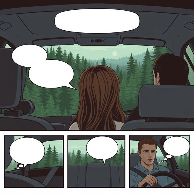 A comic strip consisting of 6 panels laid out to fill an entire A4 page, depicting Bella in a car traveling to Forks with her father