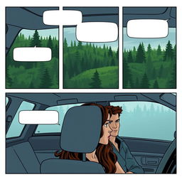 A comic strip consisting of 6 panels laid out to fill an entire A4 page, depicting Bella in a car traveling to Forks with her father