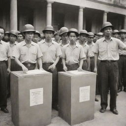 Viet Minh activists using ballot boxes as a symbol of resistance against French colonial forces in a historic, sepia-toned scene.