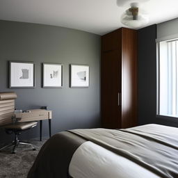 A modern, masculine bedroom that also includes a functional work office. The room balances comfort and productivity, with a king-size bed, slick office desk, ergonomic chair, and contemporary art on cool-toned walls.