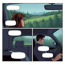 A comic strip consisting of 6 panels laid out to fill an entire A4 page, depicting Bella in a car traveling to Forks with her father