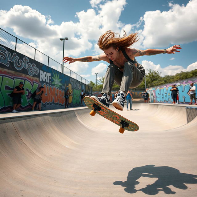 A dynamic and energetic scene featuring a skater performing an impressive trick on a skateboard