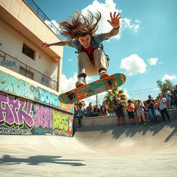 A dynamic and energetic scene featuring a skater performing an impressive trick on a skateboard