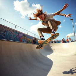 A dynamic and energetic scene featuring a skater performing an impressive trick on a skateboard