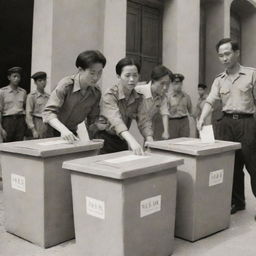 Viet Minh activists using ballot boxes as a symbol of resistance against French colonial forces in a historic, sepia-toned scene.