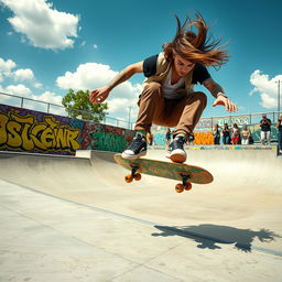 A dynamic and energetic scene featuring a skater performing an impressive trick on a skateboard