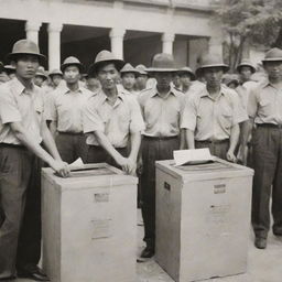 Viet Minh activists using ballot boxes as a symbol of resistance against French colonial forces in a historic, sepia-toned scene.