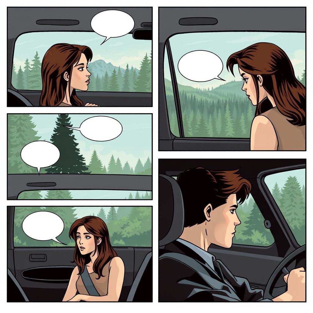 A comic strip composed of six panels, filling an entire A4 page, illustrating Bella in a car as she travels to Forks with her father