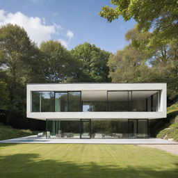 A modern house with sleek, clean lines, a flat roof, and large glass windows. The house is set against a verdant landscape, basking under a clear skies.