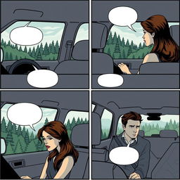 A comic strip composed of six panels, filling an entire A4 page, illustrating Bella in a car as she travels to Forks with her father