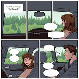 A comic strip composed of six panels, filling an entire A4 page, illustrating Bella in a car as she travels to Forks with her father