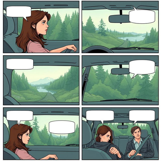 A comic strip composed of six panels, filling an entire A4 page, illustrating Bella in a car as she travels to Forks with her father