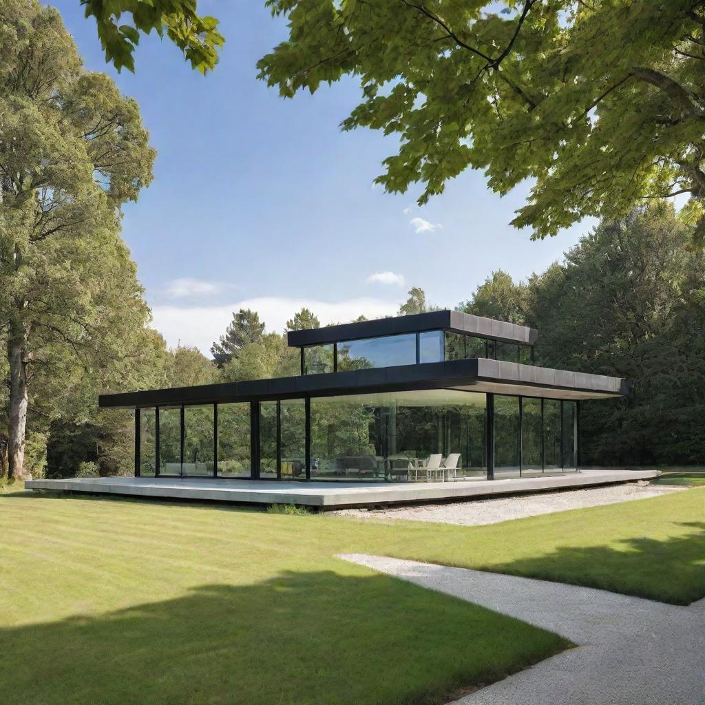 A modern house with sleek, clean lines, a flat roof, and large glass windows. The house is set against a verdant landscape, basking under a clear skies.