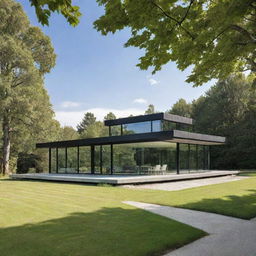 A modern house with sleek, clean lines, a flat roof, and large glass windows. The house is set against a verdant landscape, basking under a clear skies.