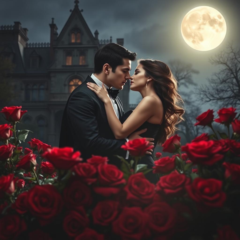 A romantic and enchanting scene depicting a vampire couple embracing passionately under the bright glow of a full moon