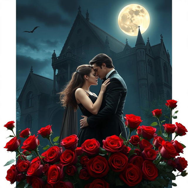 A romantic and enchanting scene depicting a vampire couple embracing passionately under the bright glow of a full moon