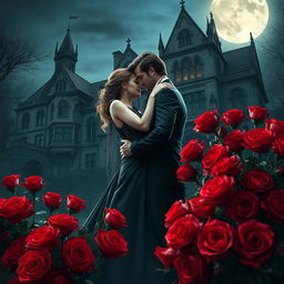 A romantic and enchanting scene depicting a vampire couple embracing passionately under the bright glow of a full moon