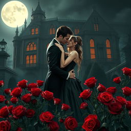 A romantic and enchanting scene depicting a vampire couple embracing passionately under the bright glow of a full moon