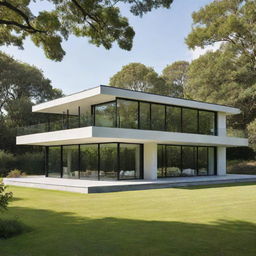 A modern house with sleek, clean lines, a flat roof, and large glass windows. The house is set against a verdant landscape, basking under a clear skies.