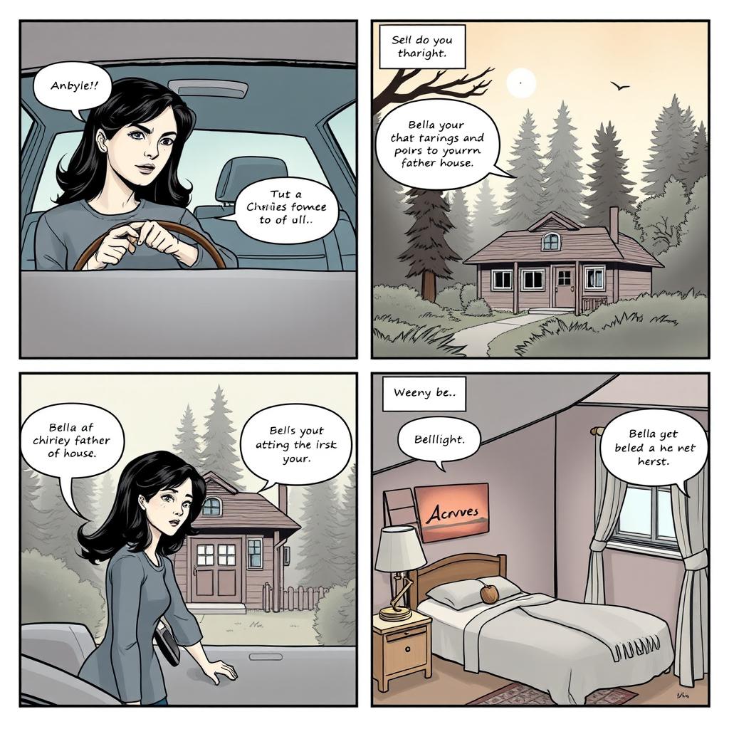 A comic strip composed of 4 panels arranged to fill an entire A4 page, illustrating Bella's journey in 'Twilight