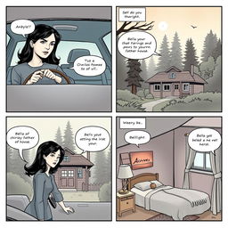 A comic strip composed of 4 panels arranged to fill an entire A4 page, illustrating Bella's journey in 'Twilight