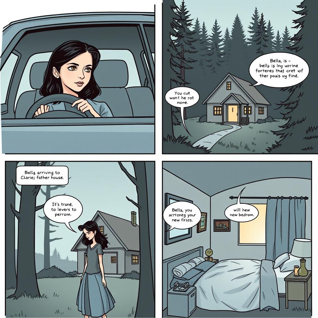 A comic strip composed of 4 panels arranged to fill an entire A4 page, illustrating Bella's journey in 'Twilight