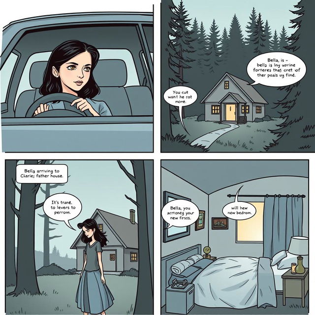 A comic strip composed of 4 panels arranged to fill an entire A4 page, illustrating Bella's journey in 'Twilight