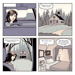 A comic strip composed of 4 panels arranged to fill an entire A4 page, illustrating Bella's journey in 'Twilight