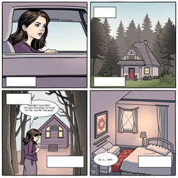 A comic strip composed of 4 panels arranged to fill an entire A4 page, illustrating Bella's journey in 'Twilight