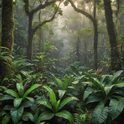 A vibrant, detailed image of a lush jungle, complete with diverse wildlife and towering trees dampened by morning dew.