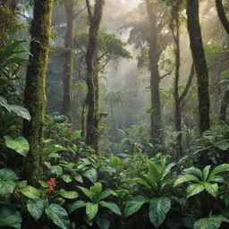 A vibrant, detailed image of a lush jungle, complete with diverse wildlife and towering trees dampened by morning dew.