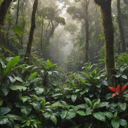 A vibrant, detailed image of a lush jungle, complete with diverse wildlife and towering trees dampened by morning dew.