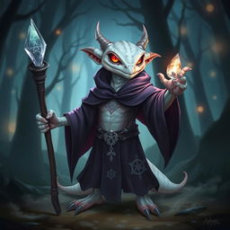 An albino kobold sorcerer with glowing red eyes, wearing a flowing dark purple robe adorned with silver arcane symbols