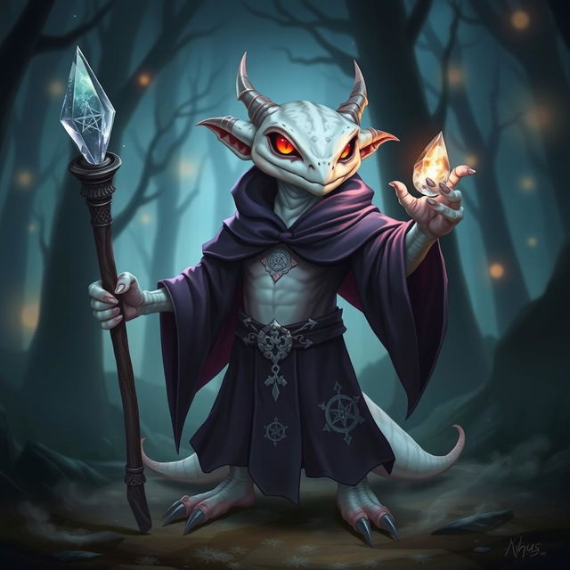 An albino kobold sorcerer with glowing red eyes, wearing a flowing dark purple robe adorned with silver arcane symbols