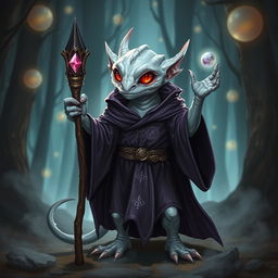 An albino kobold sorcerer with glowing red eyes, wearing a flowing dark purple robe adorned with silver arcane symbols